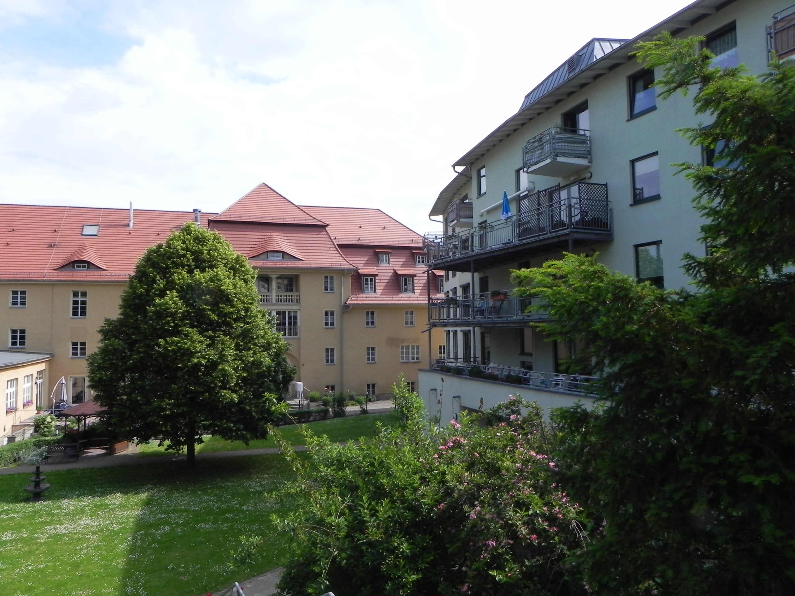 Begrünter Innenhof mit großem Baum zwischen Gebäuden mit Balkonen und roten Dächern.