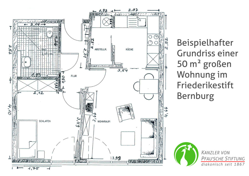 Beispielhafter Grundriss einer 50 qm großen Wohnung im Friederikestift Bernburg