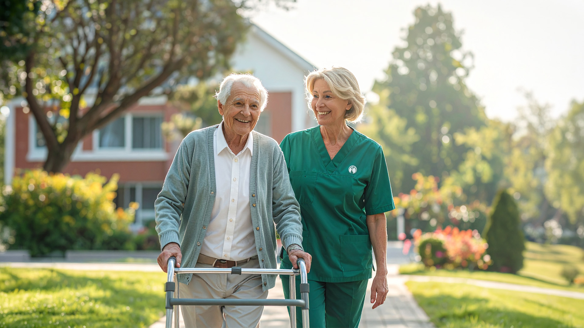 Pflegerin geht mit einem älteren Mann spazieren